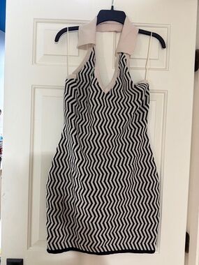 Anthropologie Black and Beige Zigzag Halter Knit Mini Dress